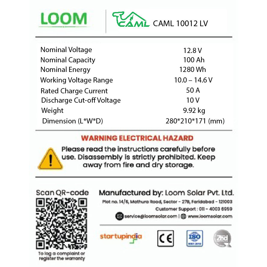 CAML 12.8 V 100 Ah, 1.28 kWh LiFePO4 - Lithium Battery