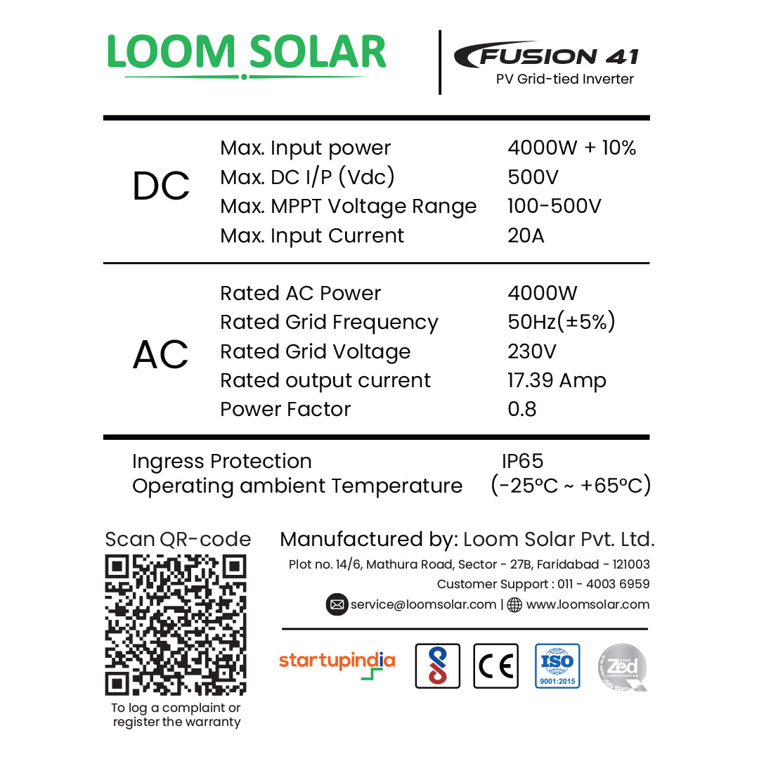 Fusion 4 kw, 1 ø on grid solar inverter 10 Years Warranty*