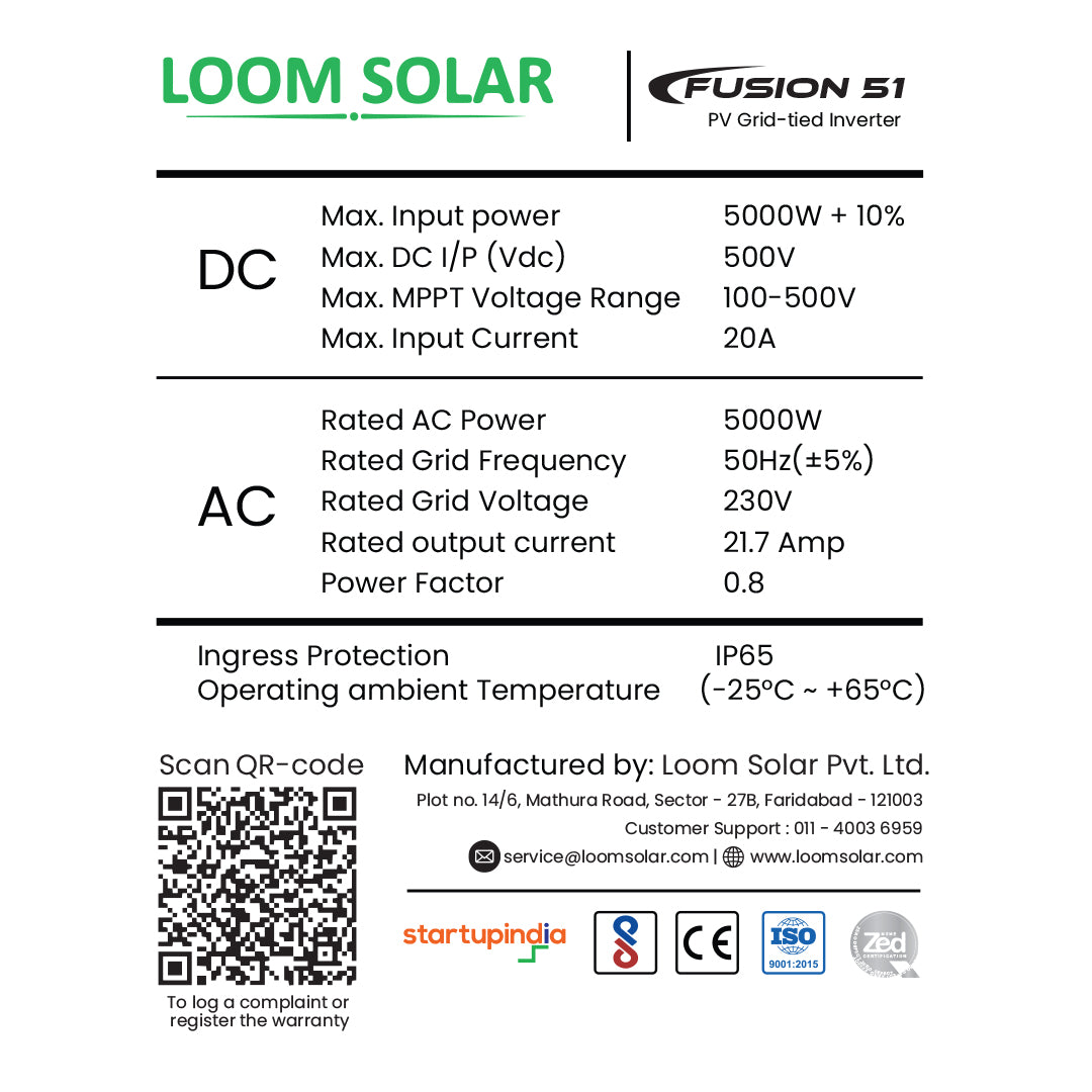 Fusion 5 kW, 1 ø on grid solar inverter 10 Years Warranty*