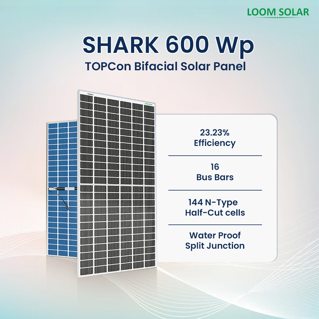 Loom Solar Panel - SHARK 600 Wp | N-Type TOPCon Bifacial 16BB (Pack of 2) 30 Years* Warranty
