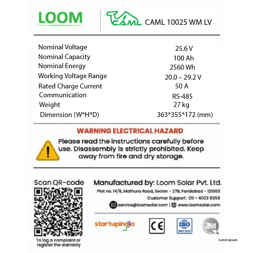 CAML 25.6 V 100 Ah, 2.56 kWh LiFePO4 Wall-Mount - Lithium Battery