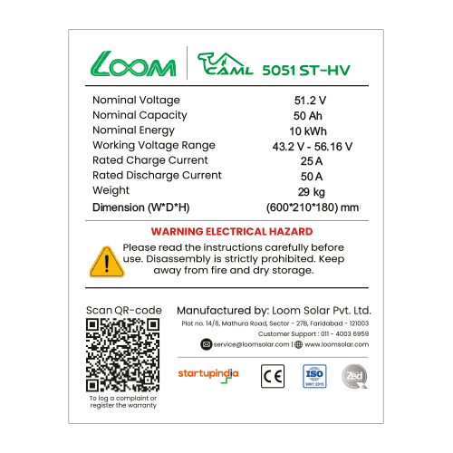 CAML 50 Ah, 204.8 V / 10 kWh High-Voltage Stackable Lithium Battery