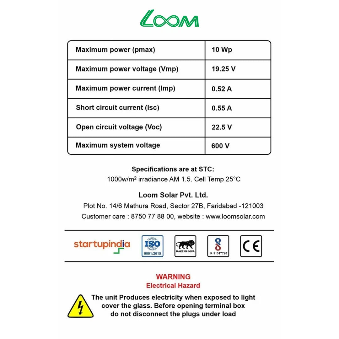 Loom Solar 10 Wp, 12 V PV Module for Mobile Charging