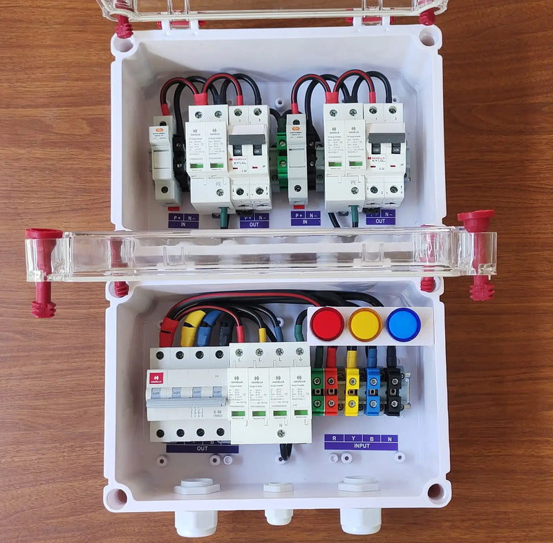 Solartek Solar ACDB Box Three Phase 32A Havells SPD 320V , With Indicator + DCDB 2 In 2 Out Havells SPD 600V, Havells MCB 20A For Solar Panels (3Ph 32A IND Combo)