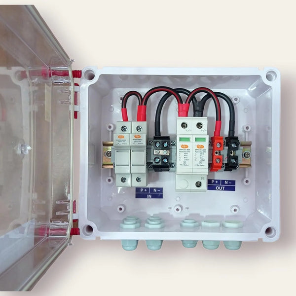 Solartek Solar AJB DCDB 2 In 1 Out 600V Inbuilt 2 X 20A Elmex Fuses, 600V Elmex SPD (2 Series/String X Up To 12 Panels Max.)