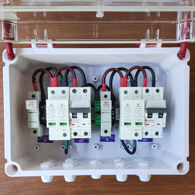 Solartek Solar ACDB Box Three Phase 32A Havells SPD 320V , With Indicator + DCDB 2 In 2 Out Havells SPD 600V, Havells MCB 20A For Solar Panels (3Ph 32A IND Combo)