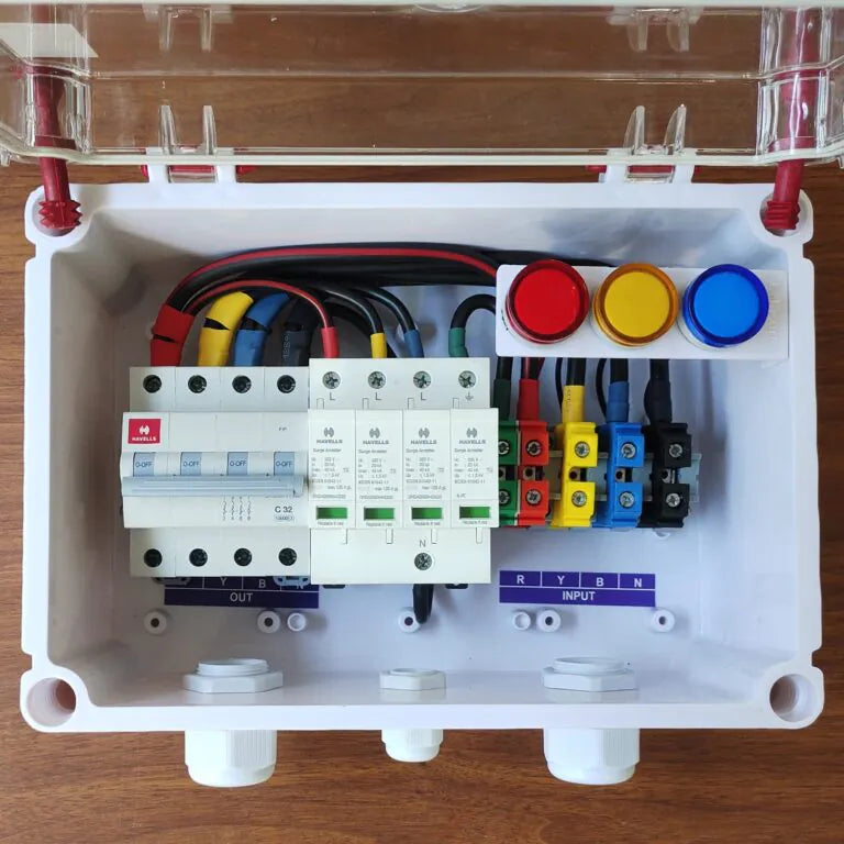 Solartek Solar ACDB Box Three Phase 32A Havells SPD 320V , With Indicator + DCDB 2 In 2 Out Havells SPD 600V, Havells MCB 20A For Solar Panels (3Ph 32A IND Combo)