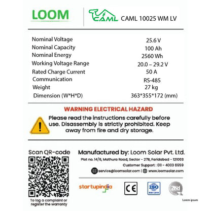 CAML 25.6 V 100 Ah, 2.56 kWh LiFePO4 Wall-Mount - Lithium Battery