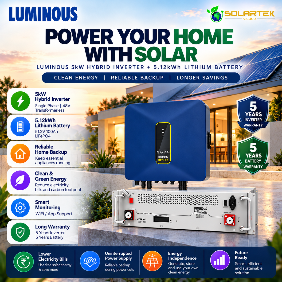 Luminous 5kW Hybrid Inverter + 5.12kWh Lithium Battery Combo | 48V Solar Backup System VIGOOD SOLARTEK