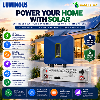 Luminous 5kW Hybrid Inverter + 5.12kWh Lithium Battery Combo | 48V Solar Backup System VIGOOD SOLARTEK