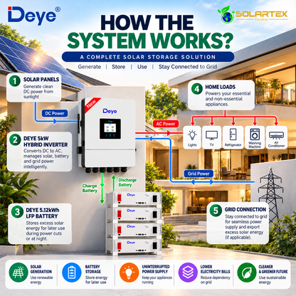 Deye 5kW Hybrid Solar Inverter + 5.12kWh LFP Lithium Battery Combo | 51.2V 100Ah | Single Phase VIGOOD SOLARTEK