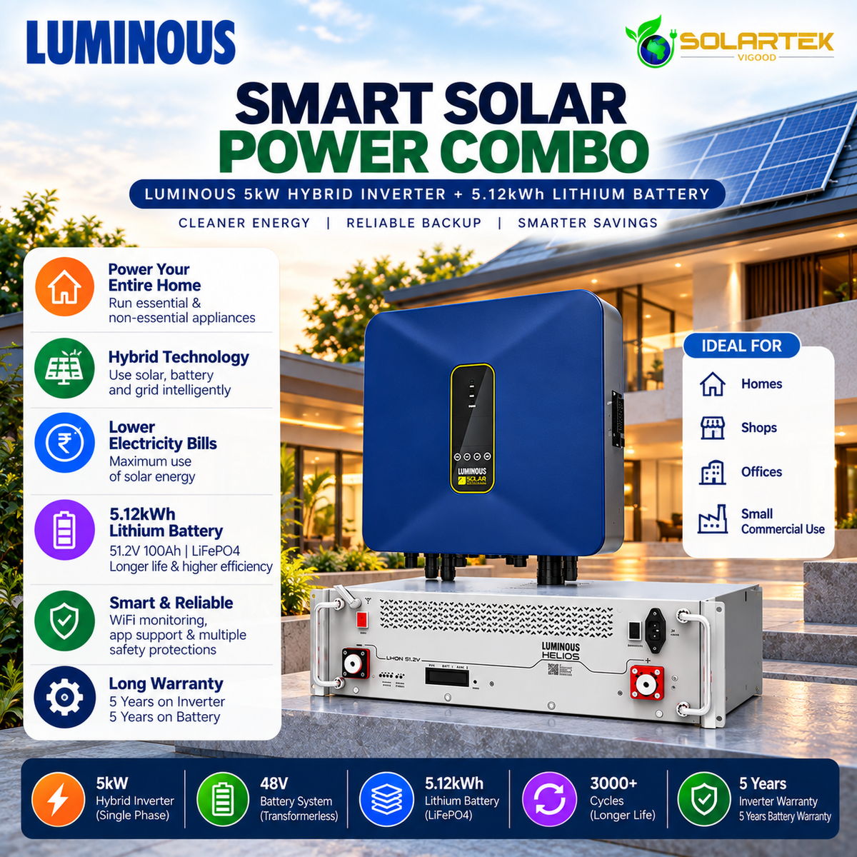Luminous 5kW Hybrid Inverter + 5.12kWh Lithium Battery Combo | 48V Solar Backup System VIGOOD SOLARTEK