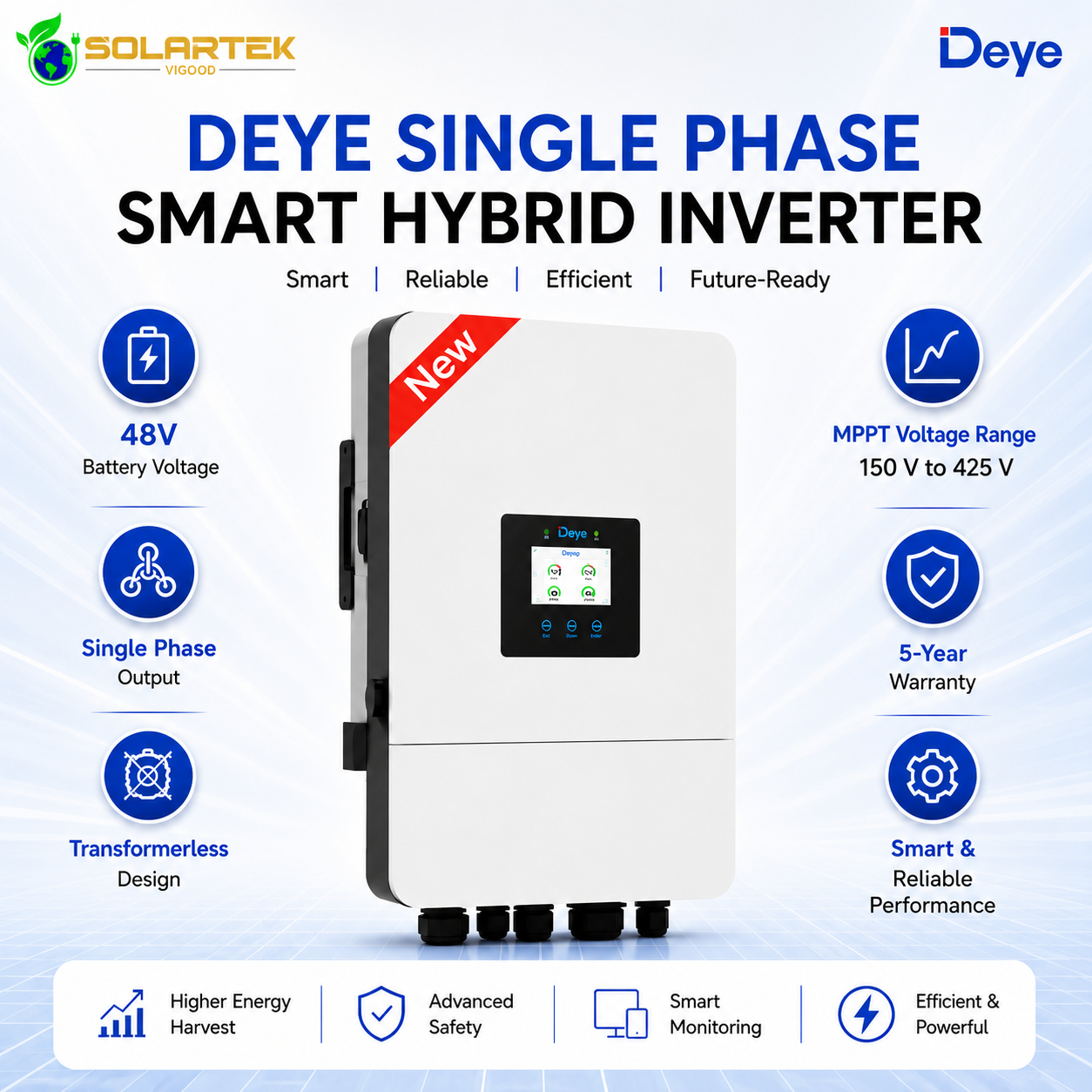 Deye 6Kw Smart Solar Hybrid Transformer Less Inverter ( Single Phase ) 5 Years Warranty