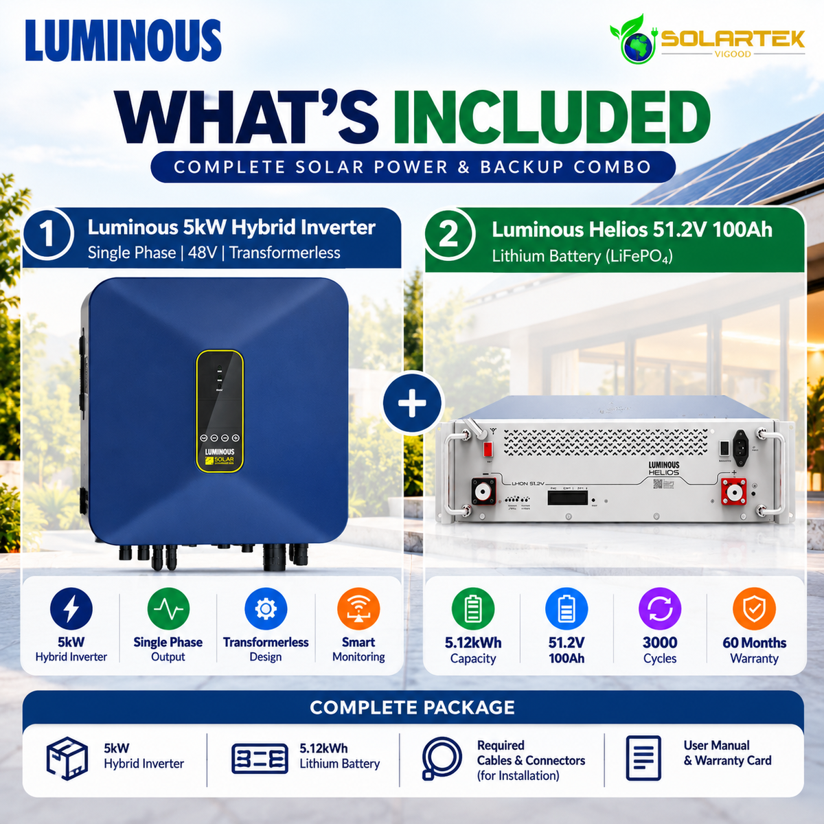 Luminous 5kW Hybrid Inverter + 5.12kWh Lithium Battery Combo | 48V Solar Backup System VIGOOD SOLARTEK