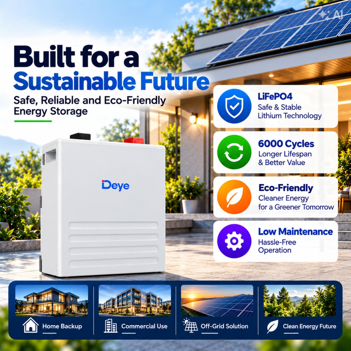 Deye LFP Battery 51.2V/100Ah with 5 years warranty/6000+Cycles, for Solar Appliances 5 Years Warranty