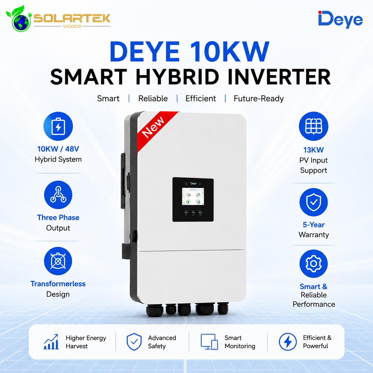Deye 10Kw Smart Solar Hybrid Transformer Less Inverter ( Three Phase) 5 Years Warranty