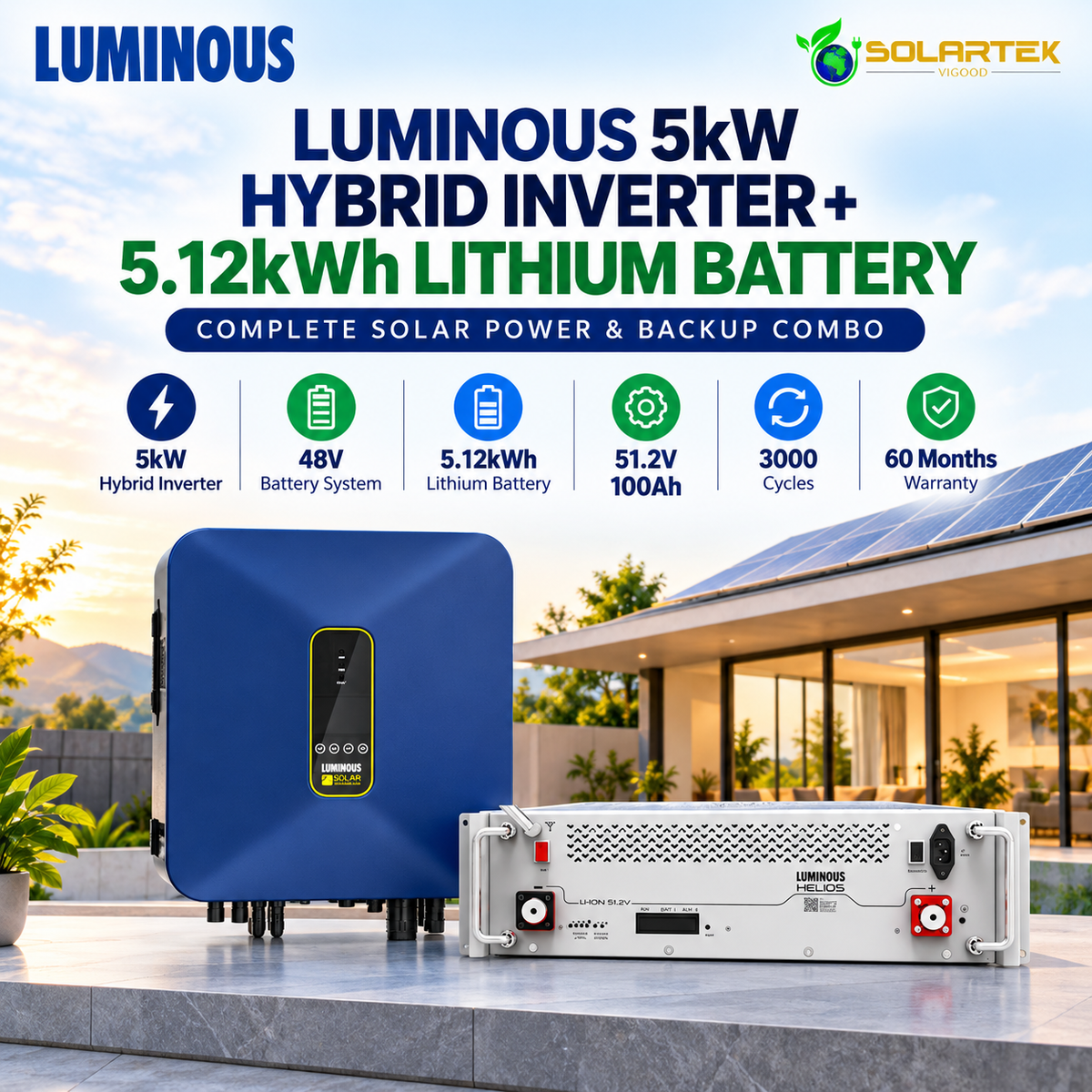 Luminous 5kW Hybrid Inverter + 5.12kWh Lithium Battery Combo | 48V Solar Backup System VIGOOD SOLARTEK