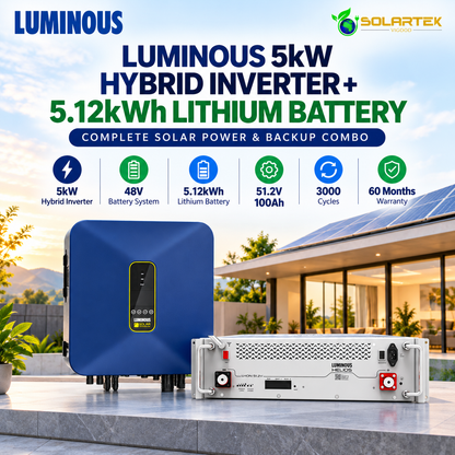 Luminous 5kW Hybrid Inverter + 5.12kWh Lithium Battery Combo | 48V Solar Backup System VIGOOD SOLARTEK