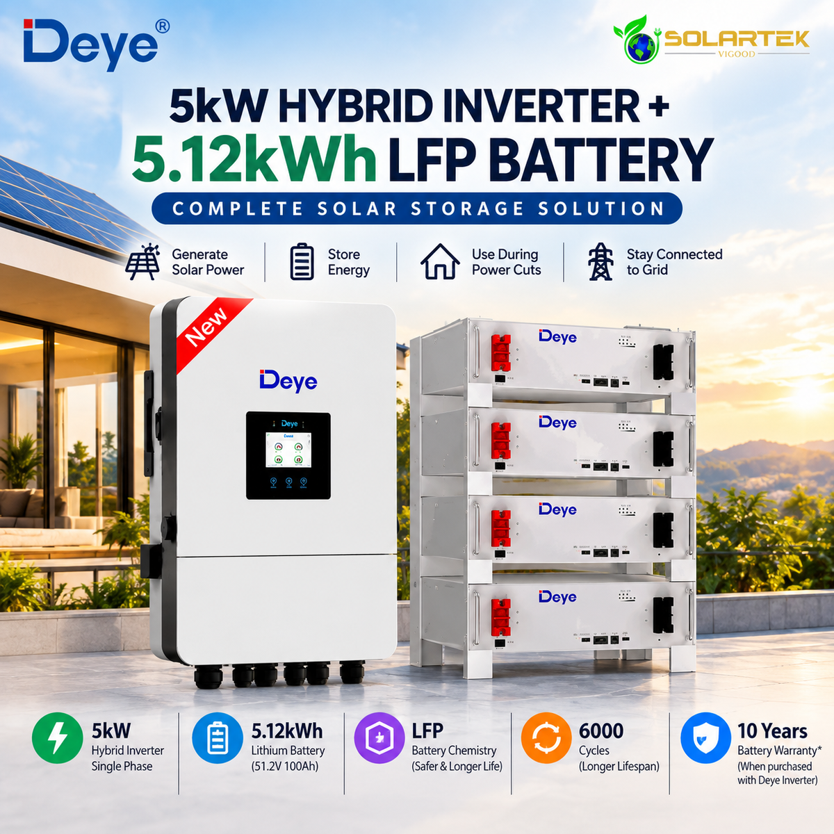 Deye 5kW Hybrid Solar Inverter + 5.12kWh LFP Lithium Battery Combo | 51.2V 100Ah | Single Phase VIGOOD SOLARTEK
