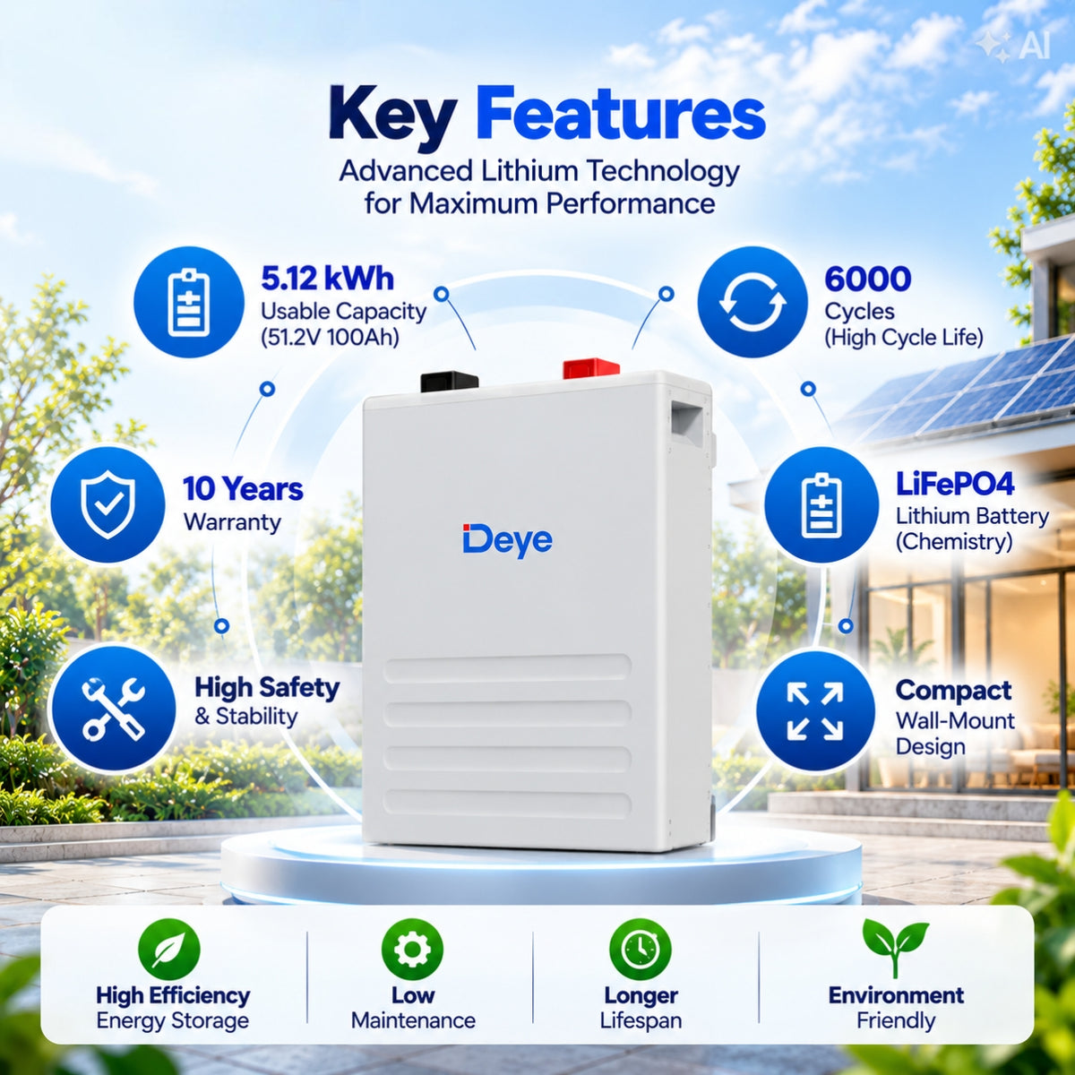 Deye LFP Battery 51.2V/100Ah with 5 years warranty/6000+Cycles, for Solar Appliances 5 Years Warranty