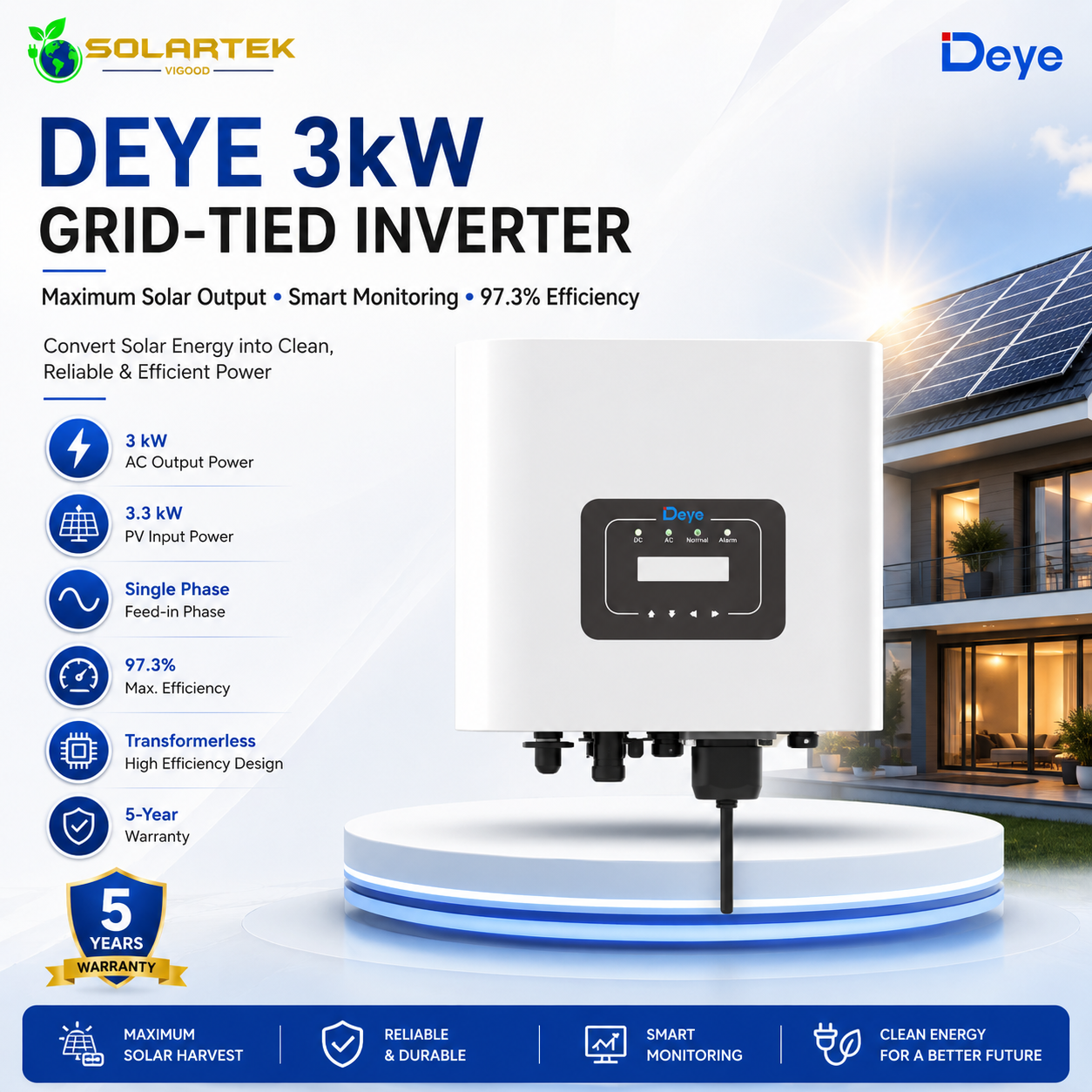 Deye 3 kw, 1 ø  on grid solar inverter 5 Years Warranty