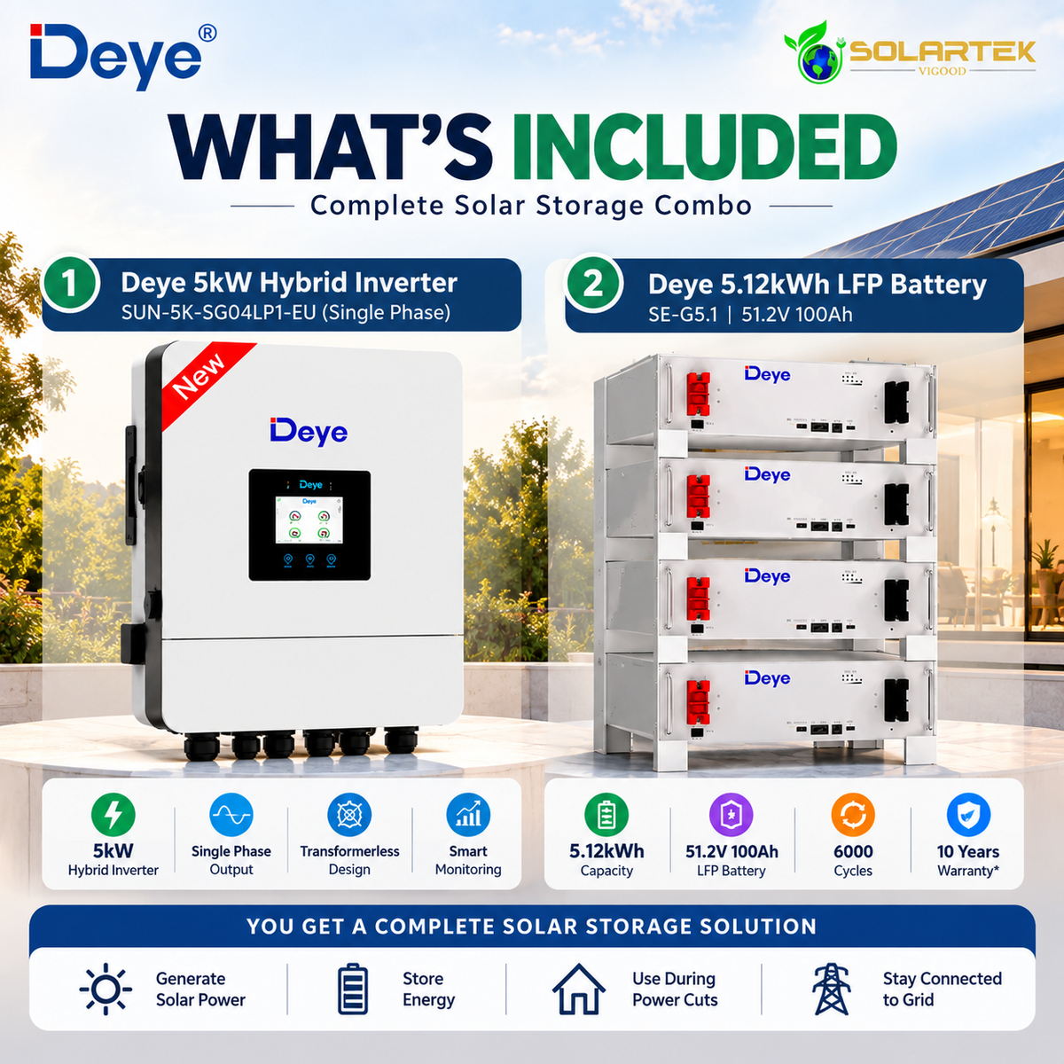 Deye 5kW Hybrid Solar Inverter + 5.12kWh LFP Lithium Battery Combo | 51.2V 100Ah | Single Phase VIGOOD SOLARTEK